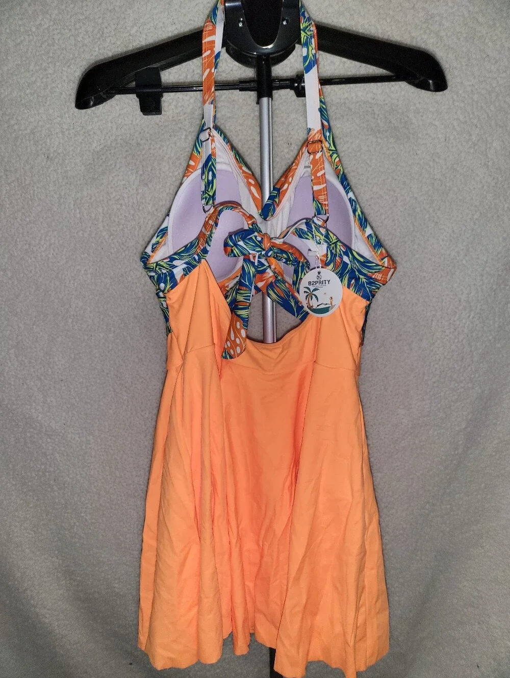 Women’s Orange Halter Swim Dress with Tropical Print Top